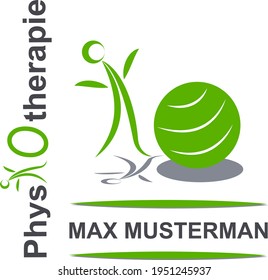 Vector logo in green for a physiotherapist. The logo graphically depicts a person next to a gymnastic ball. The inscription PHYSIOTHERAPY in German. You can write your name below. EPS 10.