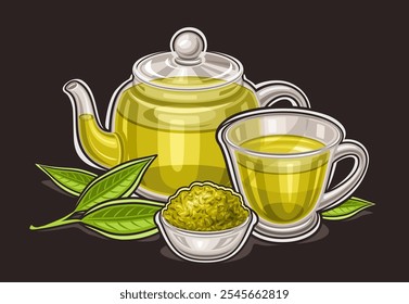 Vektorlogo für Green Tea Drink, horizontales Poster mit Cartoon-Design, traditionelle Teekomposition, dekoratives Plakat mit asiatischem grünen Tee in Glasteekanne und transparenter Teetasse auf schwarzem Hintergrund