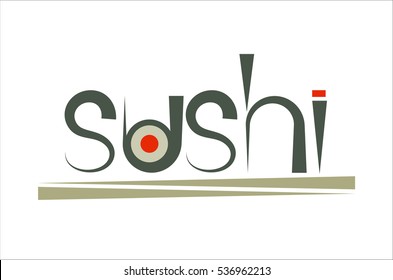 Vector logo green word sushi and chopsticks.