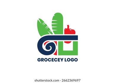Logotipo vetorial para negócios de mercearia com folha e design de carrinho de compras