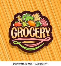 Vector logo for Grocery Store, dark decorative signboard with heap of fresh variety farming fruits and vegetables, original brush typeface for word grocery, icon for farmer department in hypermarket.