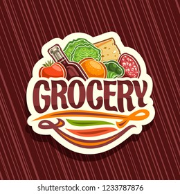 Vector logo for Grocery Store, white decorative signboard with pile of fresh variety farming fruits and vegetables, original typeface for word grocery, sticker for farmer department in hypermarket.