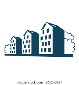 Vector logo. Group of apartment houses. Simple sign of real estate. Abstract icon of residential development in town. Perspective view of street with dwelling buildings and trees. 