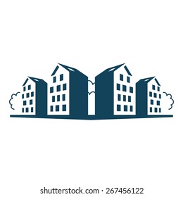 Vector logo. Group of apartment houses. Simple sign of real estate. Abstract icon of block in town. Perspective view of street with dwelling buildings and trees