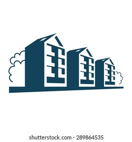 Logo del vector. Grupo de casas de apartamentos. Simple señal de propiedad inmobiliaria. Icono abstracto del desarrollo residencial en la ciudad. Perspectiva de la calle con edificios y árboles