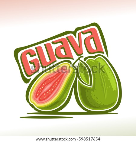 Vector logo Guava Fruit: still life of 2 whole and sliced half guava with green leaf, fresh pale pink exotic fruits, abstract cartoon icon amrood or amrud with title text for label, isolated on white.