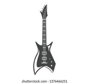 Vector logo. Guitar. Graphic design of musical instrument. Rock guitar. Graphic design concept. Emblem, element, template, symbol, label, sign.