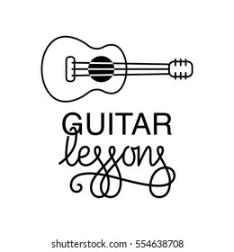 Vector logo for guitar lessons or concerts. Vector icon of guitar. Custom lettering with flourishes.
