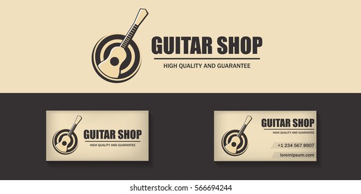 Vector logo for guitar shop for branding and covering. Concept of music store and musical instruments market.