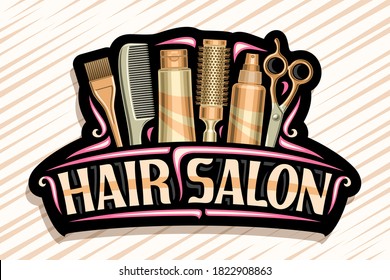 Vector logo for Hair Salon, dark decorative sign board with professional beauty accessories, unique letters for brown words hair salon, elegant signage for beauty parlor with red curly flourishes.