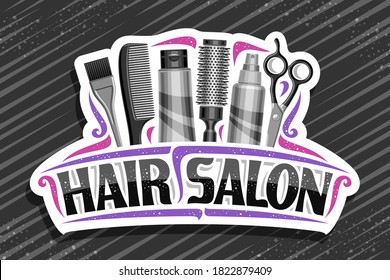 Vector logo for Hair Salon, white decorative sign board with professional beauty accessories, unique letters for black words hair salon, elegant signage for beauty parlor with pink curly flourishes.