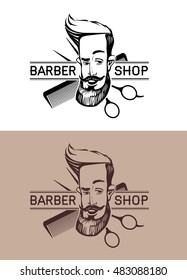 Vector logo for a hairdresser. Comb, scissors, beard, mustache.
