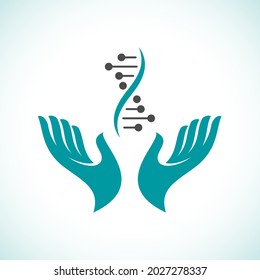 Vector Logo Hand With Dna. Nucleic Acid Double Helix. Genetic Research