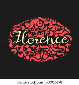 Vector logo a hand draw with floral theme. Flower sign for company with pattern of the petals. Decorations around logo. Oval round symbol with folk paintings. Red yellow logotype on black background