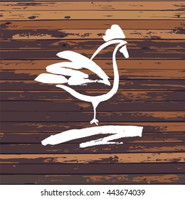 Vector logo. Hand drawn hen Painted brush white cock on farm on wood background.