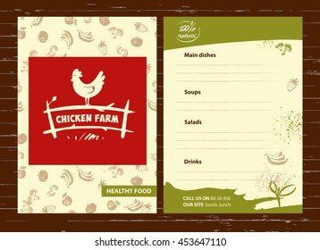 Vector logo. Hand drawn hen. Menu for home business with products from chicken meat and eggs.  Poultry Farm.