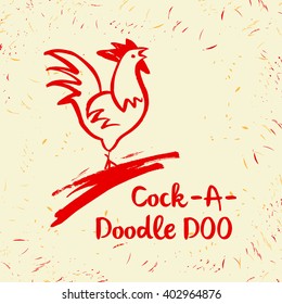 Vector logo. Hand drawn  illustration rooster on white and red background. Cock a doodle doo. Painted brush red cock. svg