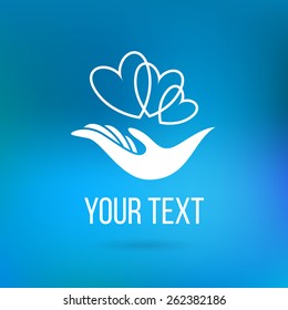 Vector logo with hand, heart, bird, open palm and elements. Design template and concept of love, family, friendship, charity, local community, help, awareness, society, care and sharing