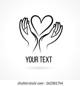 Vector logo with hand, heart, open palms and text. Design template and concept of love, family, friendship, charity, local community, help, awareness, society, care and sharing