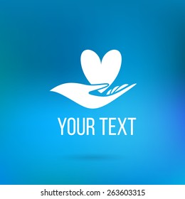 Vector logo with hand holding heart. Concept of love, care, family, safety, insurance, help, share, empathy, forgiveness, giving, donation, charity, 