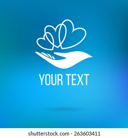 Vector logo hand holding hearts. Concept of love, care, family, safety, insurance, help, share, empathy, forgiveness, giving, donation, charity