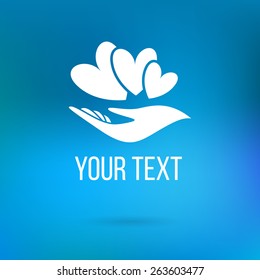 Vector logo hand holding hearts. Concept of love, care, family, safety, insurance, help, share, empathy, forgiveness, giving, donation, charity