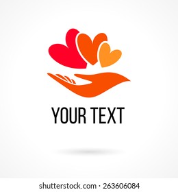 Vector logo hand holding hearts. Concept of love, care, family, safety, insurance, help, share, empathy, forgiveness, giving, donation, charity