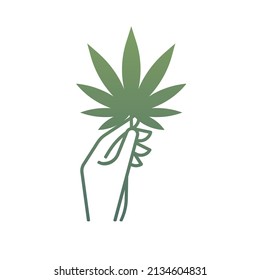 logotipo vectorial de mano sosteniendo una maleza, hojas de cannabis