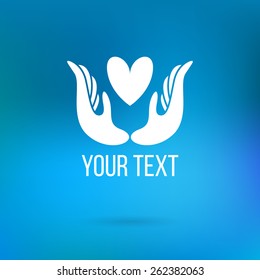 Vector logo with hands, heart, open palms and elements. Design template and concept of love, family, friendship, charity, local community, help, awareness, society, care and sharing