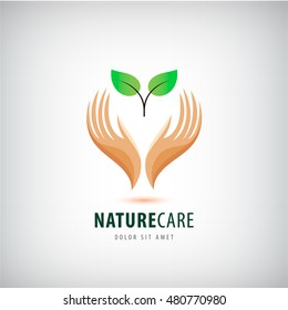 Vector logo - hands holding leaves, eco icon, nature care.  protecting natural resources, organic products, wellness industry, alternative health