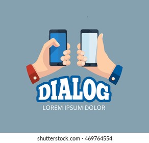 vector logo with hands holding smartphones. Emblem design of web chatting. Illustration with place for your text. Isolate on dark background