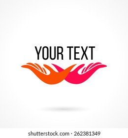 Vector logo with hands holding text, open palms and elements.Design template and concept of safety, protection, care, support, charity, local community, help, awareness, society, sharing