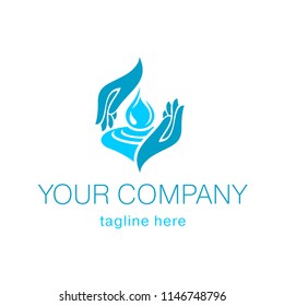 Vector logo with hands and water drops.  For environmental programs and drinking water label