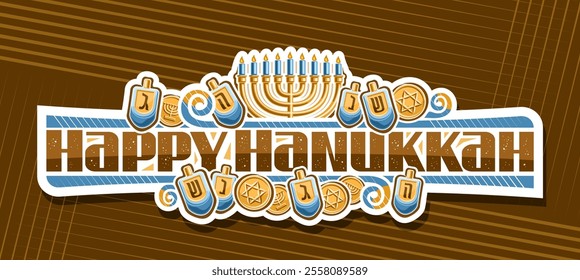 Vector logo for Hanukkah, cut paper badge with illustration of hanukkah symbols - golden menora with candles and different dreidels, sign with religious wishes - happy hanukkah on striped background