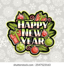 Vector logo for Happy New Year, decorative signage with cartoon design christmas symbols, dark signboard with illustration of hanging xmas shiny balls, message happy new year on snow flakes background