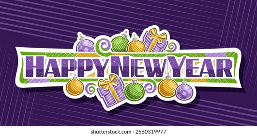 Vector logo for Happy New Year, decorative signage with cartoon design christmas symbols, white sign board with illustration of hanging xmas striped balls, phrase happy new year on abstract background