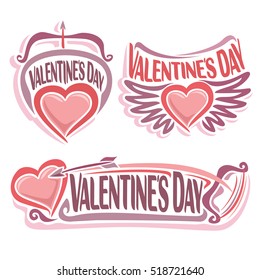 Vector logo for Happy Valentine's Day, pink emblem for romantic lovers, bow and flying arrow in hearts with wings - symbol of st. valentine holiday, greeting simple sign valentines isolated on white.