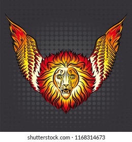 Vector logo the head of a lion with a fiery mane and wings