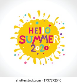 Vector logo Hello Summer 2020. Bright multicolored letters on a background of yellow sun. Vector illustration for season banner, label, poster, logo Summer.