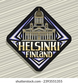 Vector logo for Helsinki, dark rhombus road sign with line illustration of historic european helsinki city scape on nighttime sky background, decorative refrigerator magnet with text helsinki finland