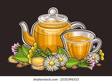 Logotipo del Vector para la bebida herbaria del té, cartel Horizontal con la composición botánica del té del diseño de la historieta, tarjeta decorativa con el té herbario medicinal en la tetera de cristal y la taza de té transparente en fondo negro