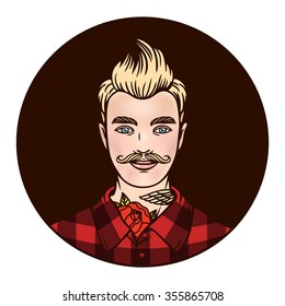 Vector logo hipster cartoon style. A young man. Hipsters with tattoos in a shirt.