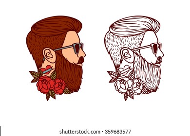 Vector Logo Hipster. Young Stylish Man With A Beard Wearing Glasses. Tattoo Hipster In Roses.