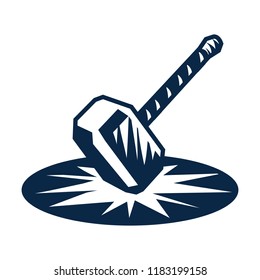 Vector logo hitting hammer. Large hammer strikes the ground. Qualitative illustration in simple lines.