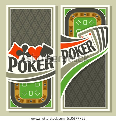 Vector logo of holdem Poker: four playing cards ace diamonds for gambling game on green felt table in casino club, vertical banner for pokers gamble games, card suits: spades, hearts, diamonds, clubs.