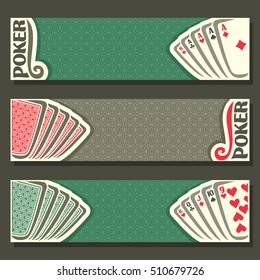 Vector logo of holdem Poker, playing cards back for gambling game on green texture felt table in casino club, cover banner for text pokers gamble games, in header card set hand: four of kind, straight