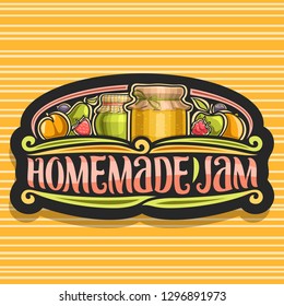 Vector logo for Homemade Jam, dark retro signboard with 2 home made containers covered checkered fabric and tied bow on lid, brush lettering for words homemade jam, fresh cartoon fruits and berries.
