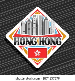 Vector logo for Hong Kong, white rhombus road sign with outline illustration of famous city scape on day sky background, art design tourist fridge magnet with unique letters for black words hong kong.