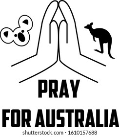 Vector logo horizontal banner saying "Pray for Australia”. World peace. Fight together. Vector stock illustration. Animals kangaroo, koala flee . Social media,stories,flyers. Australia is on fire.