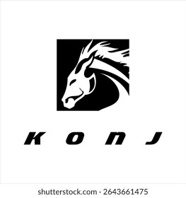 Vector logo of horse head silhouette and text KONJ spelling in Bosnian language, modern speed design.